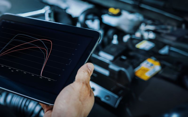 Motore auto: rimappatura ECU e diagnostica. Meccanico che utilizza tablet digitale per controllare le prestazioni del veicolo dopo chiptuning.